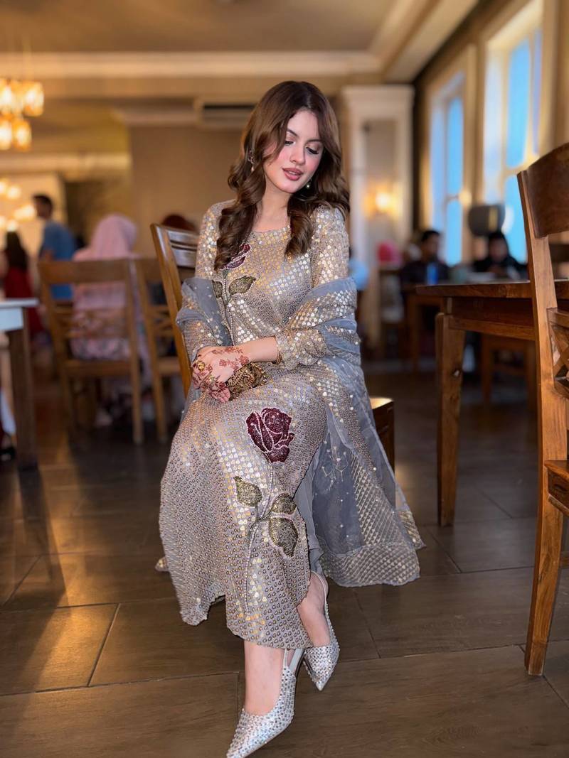 Golden embroidered faux georgette women's kurta set