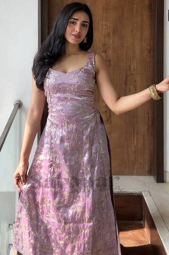 Purple embroidered silk kurta set for women