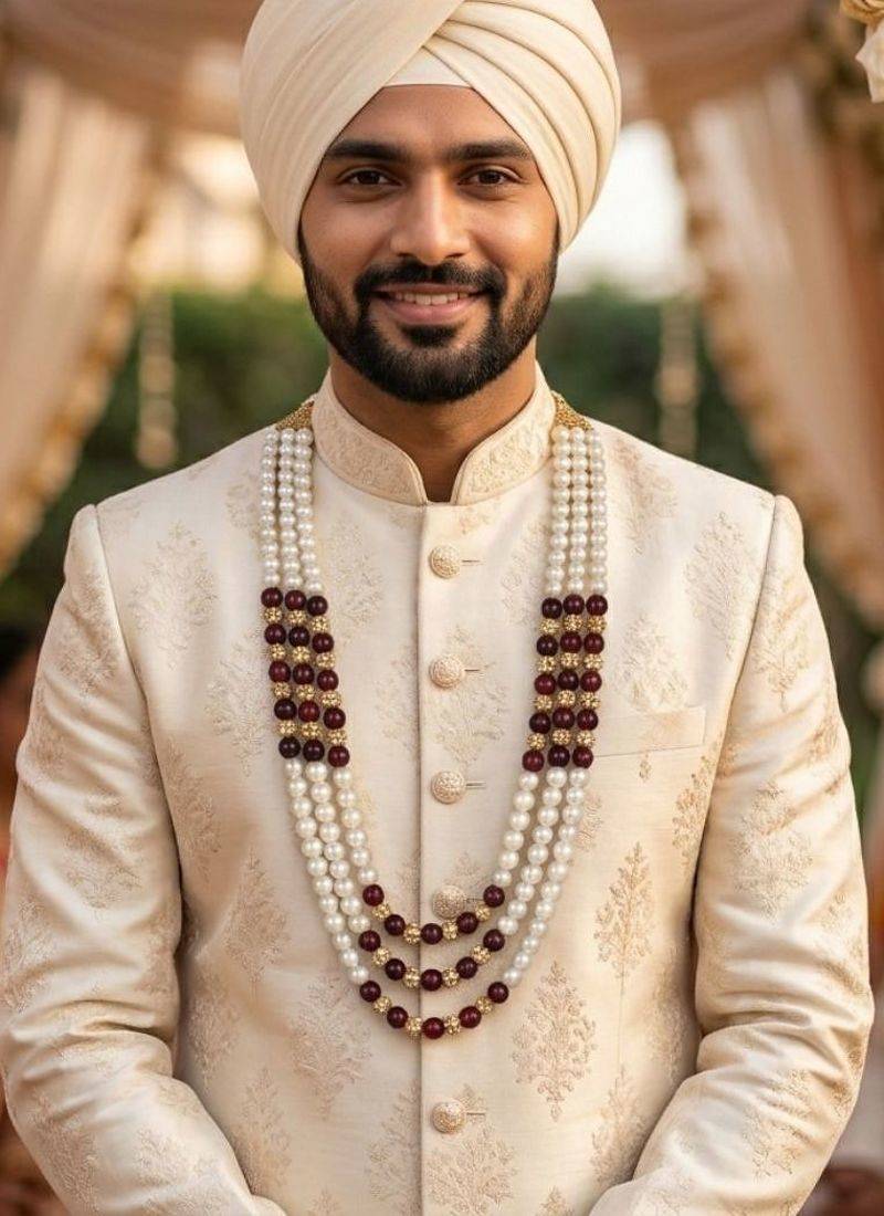   pearl beads dulha groom sherwani mala for   for wedding | layered mala | perfect for groom