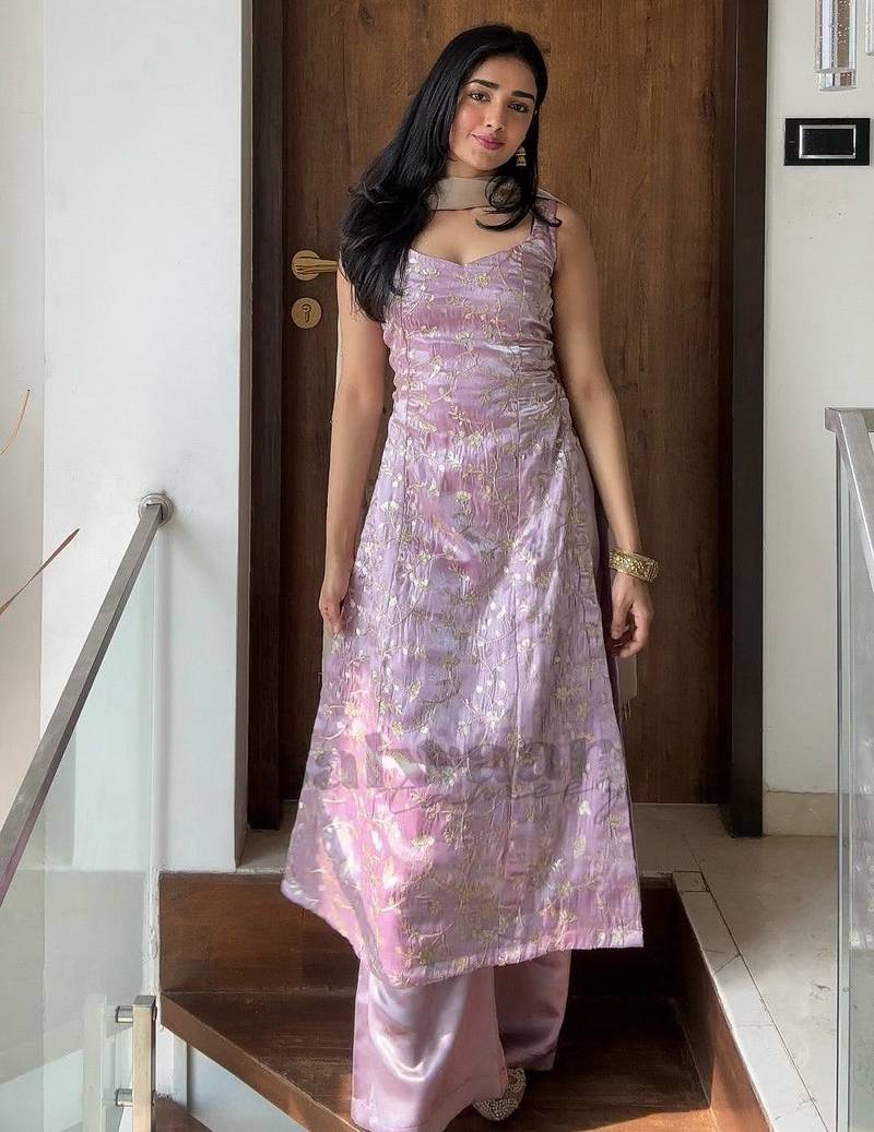 Purple embroidered silk kurta set for women