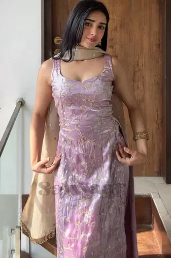 Purple embroidered silk kurta set for women