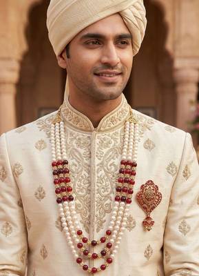   groom sherwani necklace layered moti mala for wedding | groom mala with brooch set 6