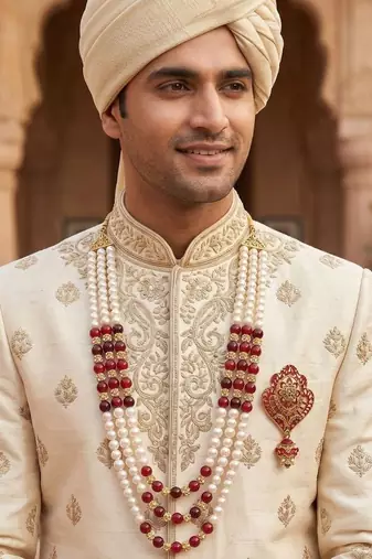  groom sherwani necklace layered moti mala for wedding | groom mala with brooch set