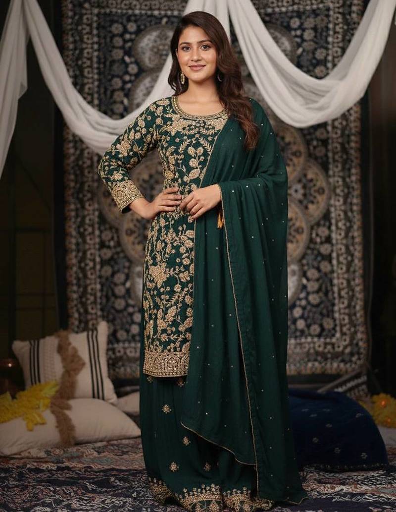 Green embroidered chiffon kurta set for women