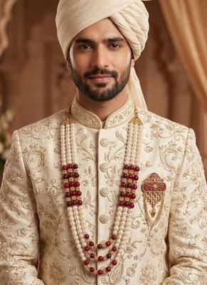   groom sherwani necklace layered moti mala for wedding | groom mala with brooch set 6