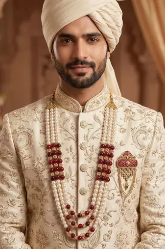   groom sherwani necklace layered moti mala for wedding | groom mala with brooch set