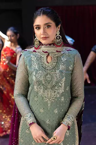 Pista-green embroidered faux georgette women's kurta set