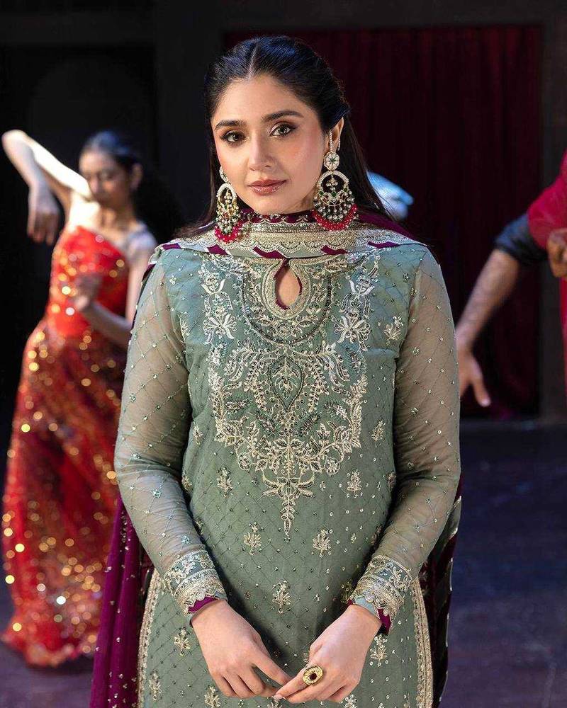 Pista-green embroidered faux georgette women's kurta set