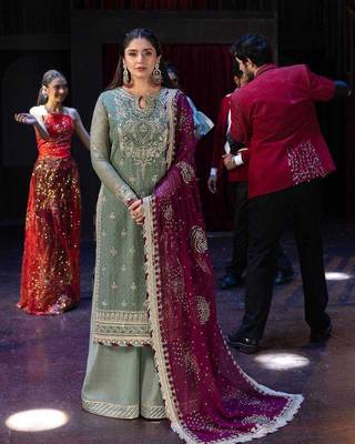 Pista-green embroidered faux georgette women's kurta set 2