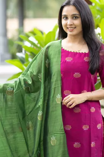 Rani-pink zari work kanchi cotton kurta set for women