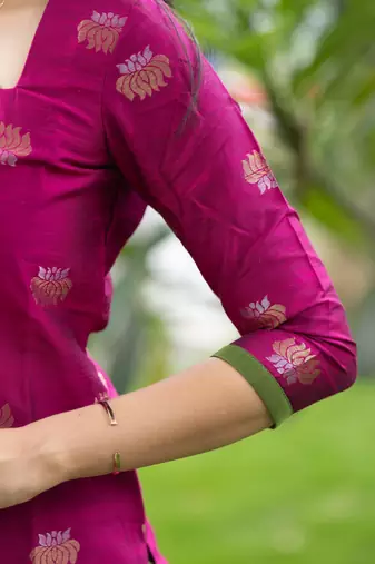Rani-pink zari work kanchi cotton kurta set for women