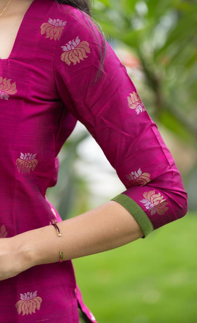 Rani-pink zari work kanchi cotton kurta set for women