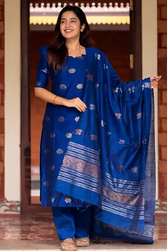 Blue zari work kanchi cotton kurta set for women