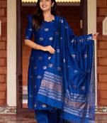 Blue zari work kanchi cotton kurta set for women