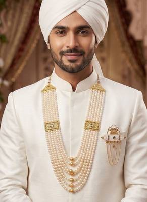   groom sherwani necklace moti mala layered for wedding | groom mala with brooch set 6