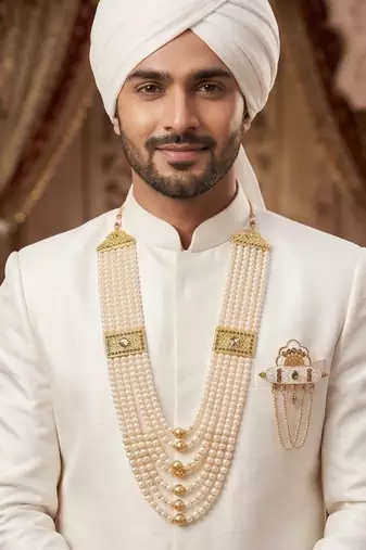   groom sherwani necklace moti mala layered for wedding | groom mala with brooch set