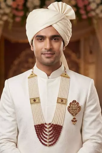   groom sherwani necklace moti mala layered for wedding | groom mala with brooch set