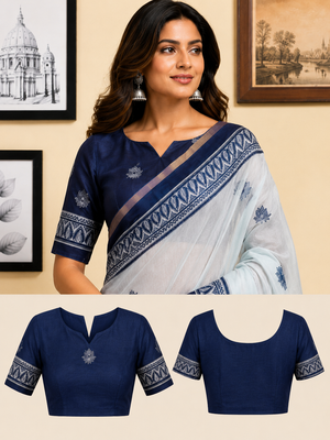 off white blue printed chanderi cotton ready to wear saree with unstitched blouse 5