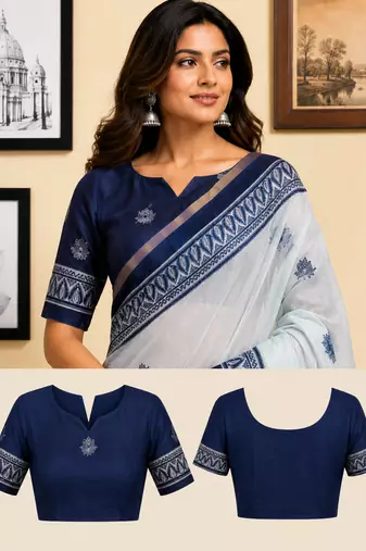 off white blue printed chanderi cotton ready to wear saree with unstitched blouse