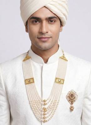   groom sherwani necklace moti mala layered for wedding | groom mala with brooch set 6