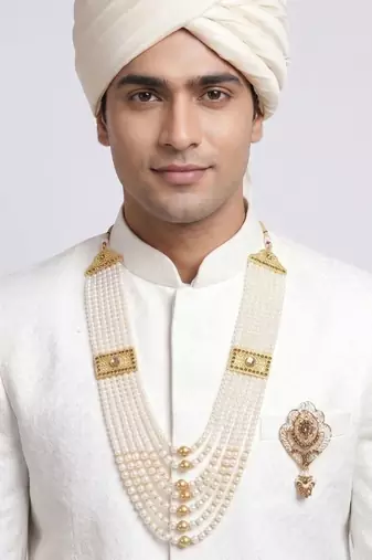   groom sherwani necklace moti mala layered for wedding | groom mala with brooch set