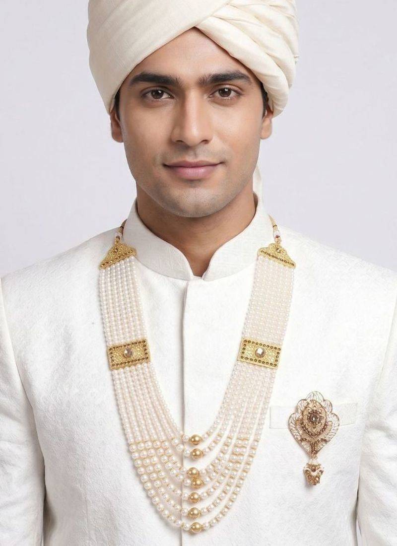   groom sherwani necklace moti mala layered for wedding | groom mala with brooch set