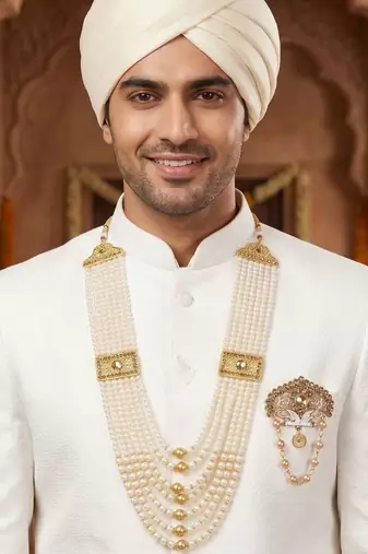   groom sherwani necklace moti mala layered for wedding | groom mala with brooch set