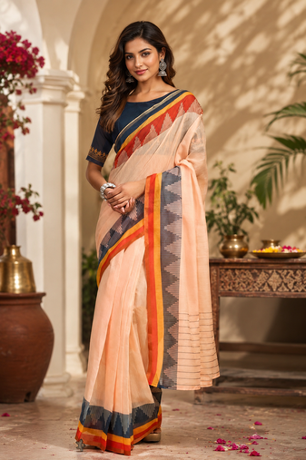 peach printed chanderi cotton ready to wear saree with unstitched blouse