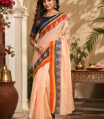 peach printed chanderi cotton ready to wear saree with unstitched blouse