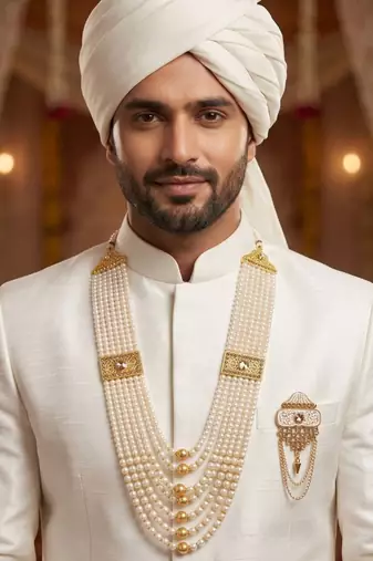   groom sherwani necklace moti mala layered for wedding | groom mala with brooch set