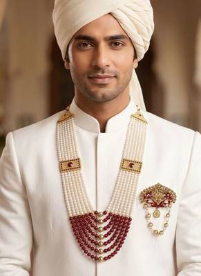   groom sherwani necklace moti mala layered for wedding | groom mala with brooch set 4