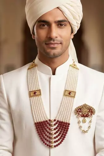   groom sherwani necklace moti mala layered for wedding | groom mala with brooch set