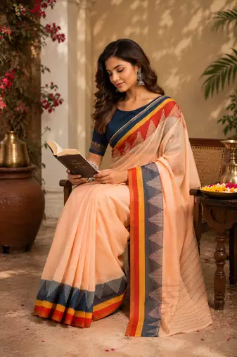 peach printed chanderi cotton ready to wear saree with unstitched blouse