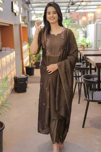 Brown embroidered work kanchi cotton kurta set for women