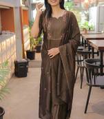 Brown embroidered work kanchi cotton kurta set for women