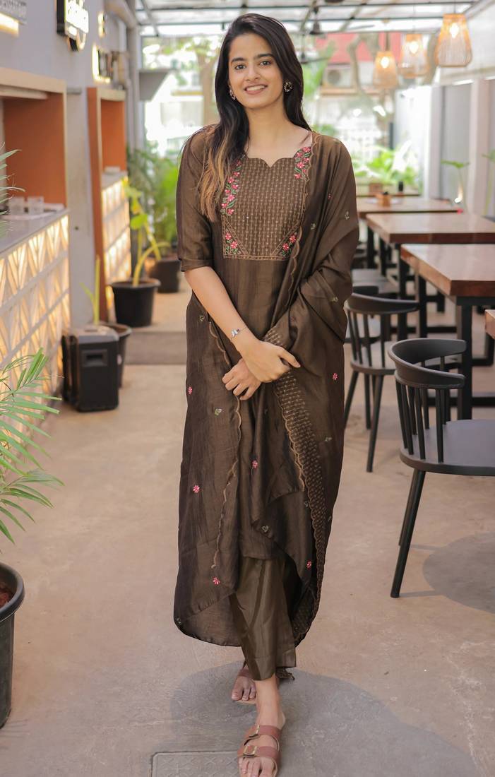 Brown embroidered work kanchi cotton kurta set for women