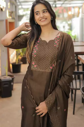 Brown embroidered work kanchi cotton kurta set for women