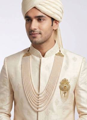   groom sherwani necklace layered moti mala for wedding | groom mala with brooch set 6