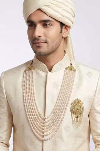   groom sherwani necklace layered moti mala for wedding | groom mala with brooch set