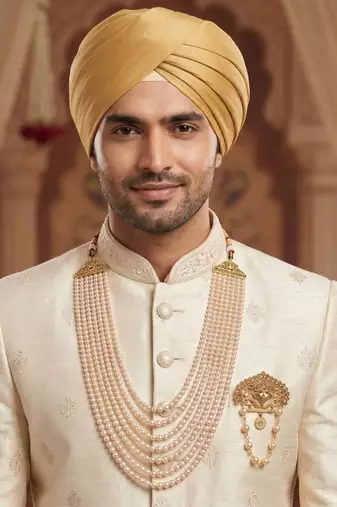   groom sherwani necklace::Moti mala layered for wedding | groom mala with brooch set