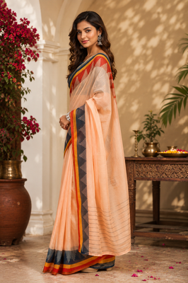 peach printed chanderi cotton ready to wear saree with unstitched blouse 3