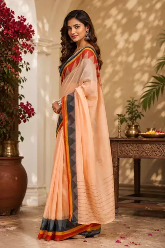 peach printed chanderi cotton ready to wear saree with unstitched blouse