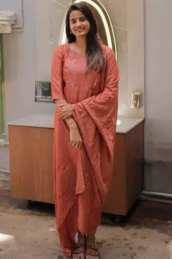 Orange embroidered work kanchi cotton kurta set for women