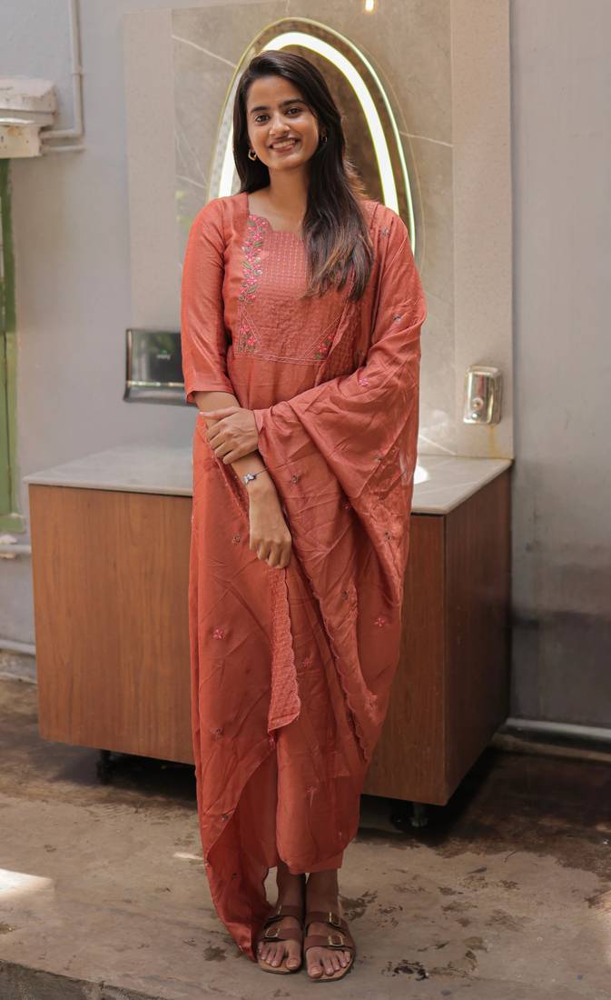 Orange embroidered work kanchi cotton kurta set for women