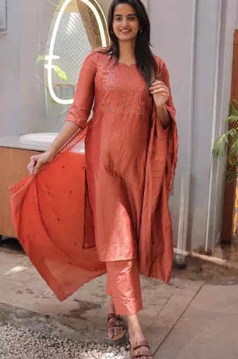 Orange embroidered work kanchi cotton kurta set for women