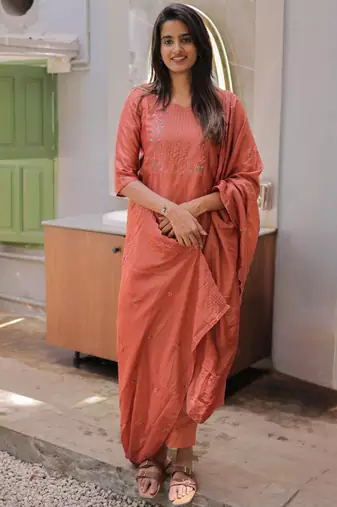 Orange embroidered work kanchi cotton kurta set for women