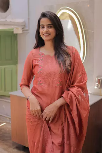 Orange embroidered work kanchi cotton kurta set for women