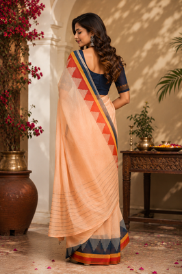 peach printed chanderi cotton ready to wear saree with unstitched blouse 4