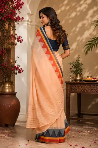 peach printed chanderi cotton ready to wear saree with unstitched blouse