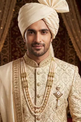   groom sherwani necklace moti mala layered for wedding | groom mala with brooch set